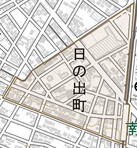 日の出町とその周辺の地図。町の範囲を重ねている