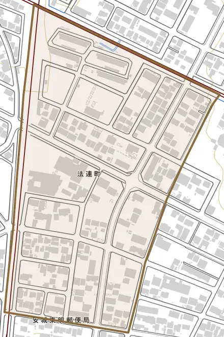 法連町とその周辺の地図。町の範囲を重ねている