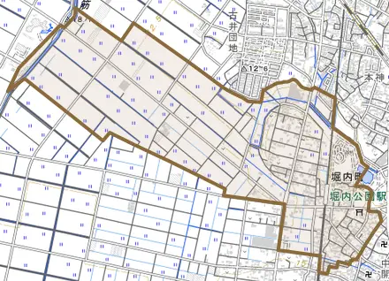 堀内町とその周辺の地図。町の範囲を重ねている