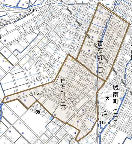 百石町とその周辺の地図。町の範囲を重ねている