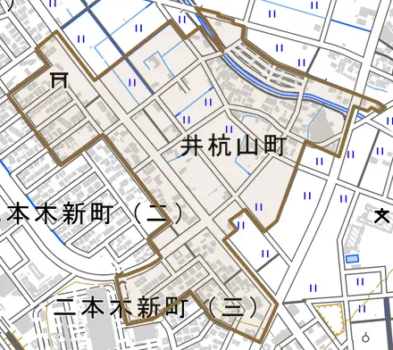 井杭山町とその周辺の地図。町の範囲を重ねている