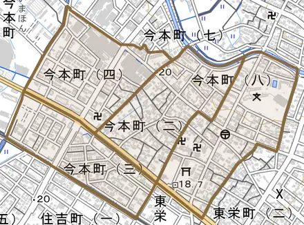 今本町とその周辺の地図。町の範囲を重ねている