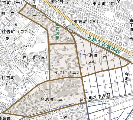今池町とその周辺の地図。町の範囲を重ねている