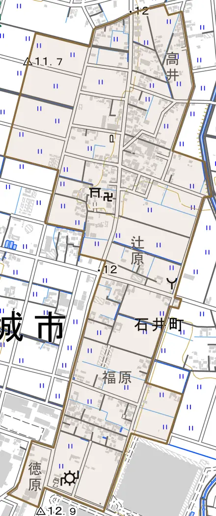 石井町とその周辺の地図。町の範囲を重ねている