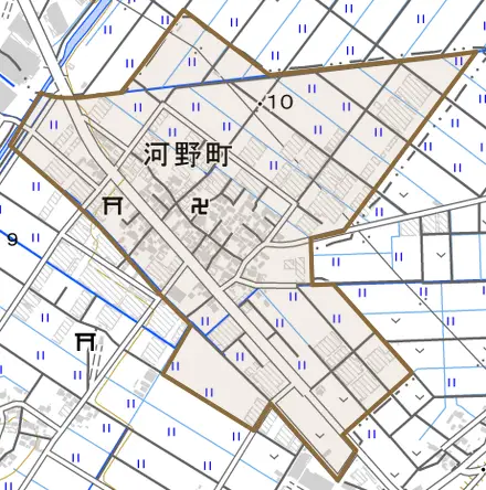 河野町とその周辺の地図。町の範囲を重ねている
