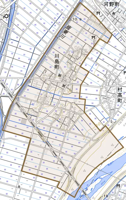 川島町とその周辺の地図。町の範囲を重ねている