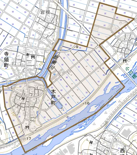 木戸町とその周辺の地図。町の範囲を重ねている