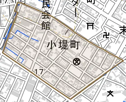 小堤町とその周辺の地図。町の範囲を重ねている