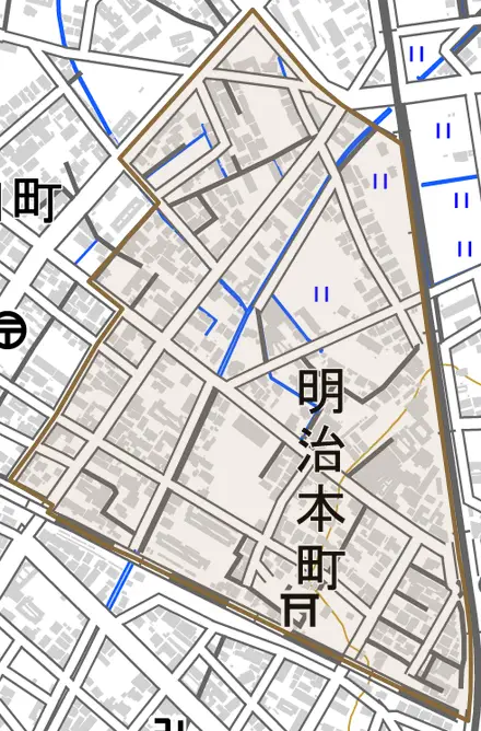 明治本町とその周辺の地図。町の範囲を重ねている