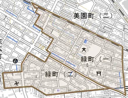 緑町とその周辺の地図。町の範囲を重ねている