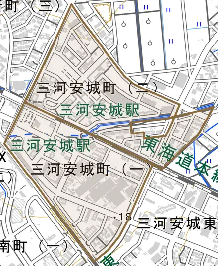 三河安城町とその周辺の地図。町の範囲を重ねている
