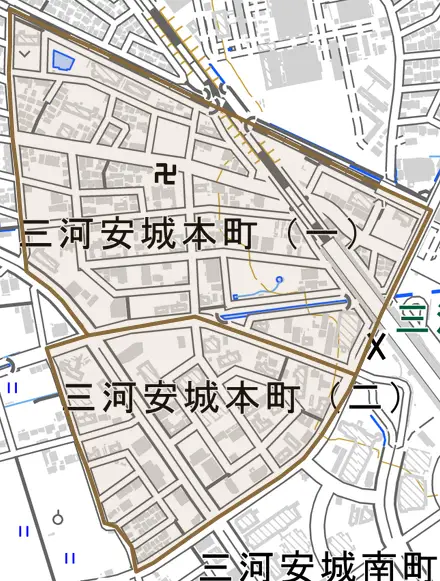 三河安城本町とその周辺の地図。町の範囲を重ねている