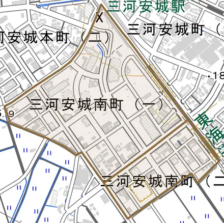 三河安城南町とその周辺の地図。町の範囲を重ねている