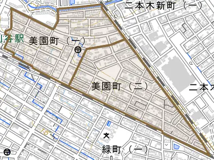 美園町とその周辺の地図。町の範囲を重ねている