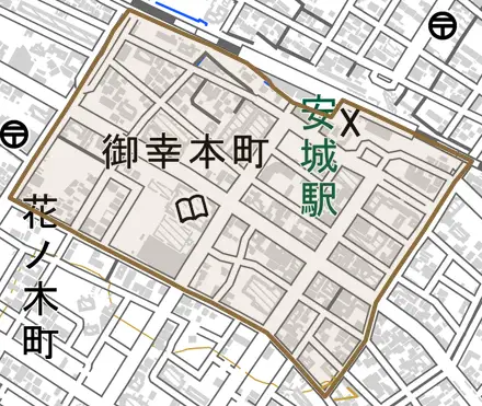 御幸本町とその周辺の地図。町の範囲を重ねている