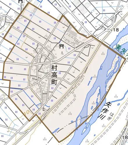 村高町とその周辺の地図。町の範囲を重ねている