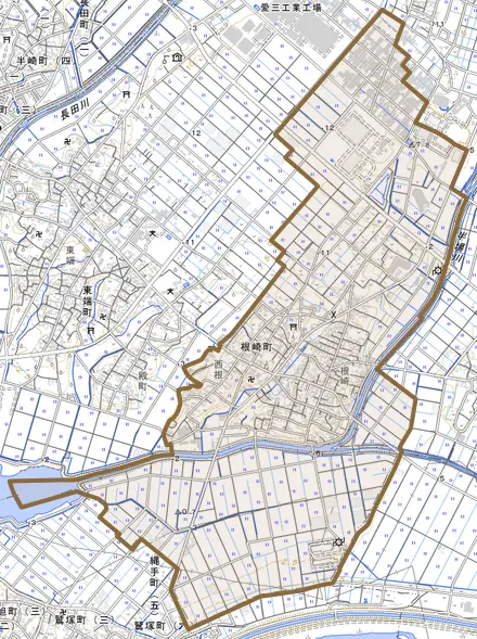 根崎町とその周辺の地図。町の範囲を重ねている