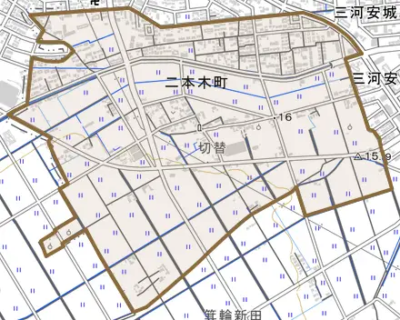 二本木町とその周辺の地図。町の範囲を重ねている