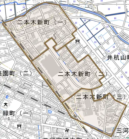 二本木新町とその周辺の地図。町の範囲を重ねている