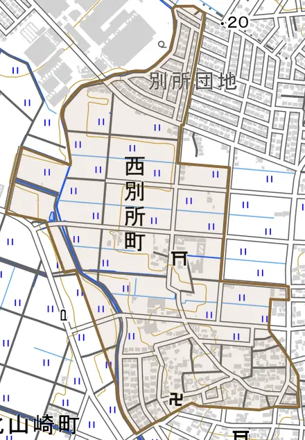 西別所町とその周辺の地図。町の範囲を重ねている
