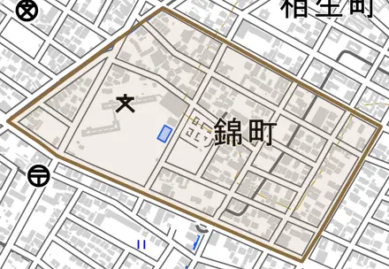 錦町とその周辺の地図。町の範囲を重ねている
