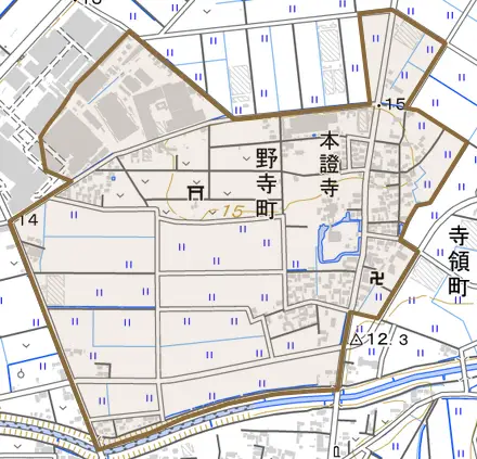 野寺町とその周辺の地図。町の範囲を重ねている