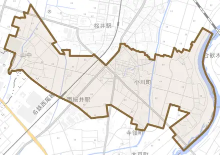 小川町とその周辺の地図。町の範囲を重ねている