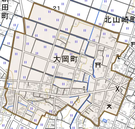 大岡町とその周辺の地図。町の範囲を重ねている