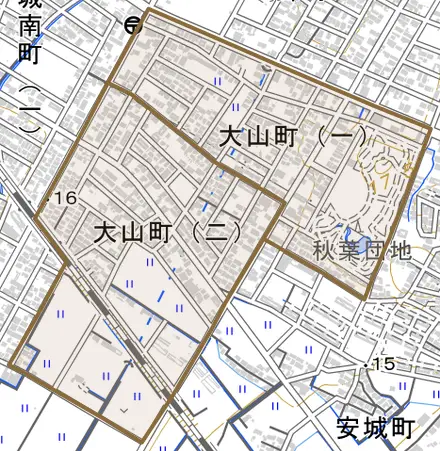 大山町とその周辺の地図。町の範囲を重ねている