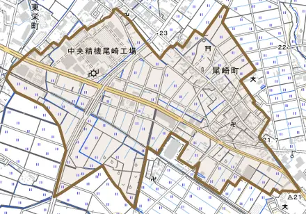 尾崎町とその周辺の地図。町の範囲を重ねている