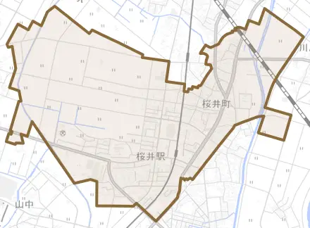 桜井町とその周辺の地図。町の範囲を重ねている
