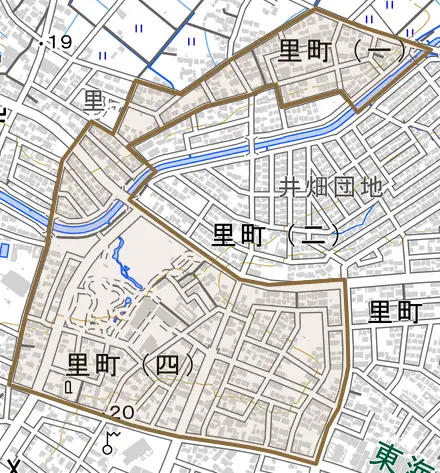 里町とその周辺の地図。町の範囲を重ねている