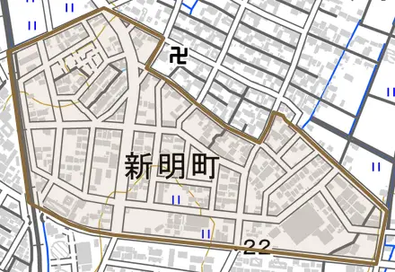 新明町とその周辺の地図。町の範囲を重ねている