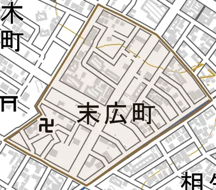 末広町とその周辺の地図。町の範囲を重ねている