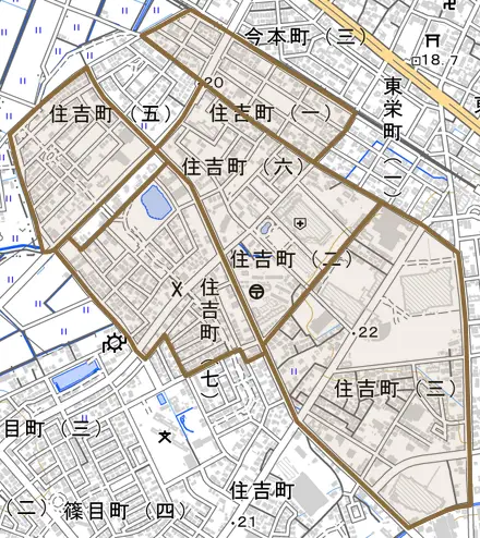住吉町とその周辺の地図。町の範囲を重ねている