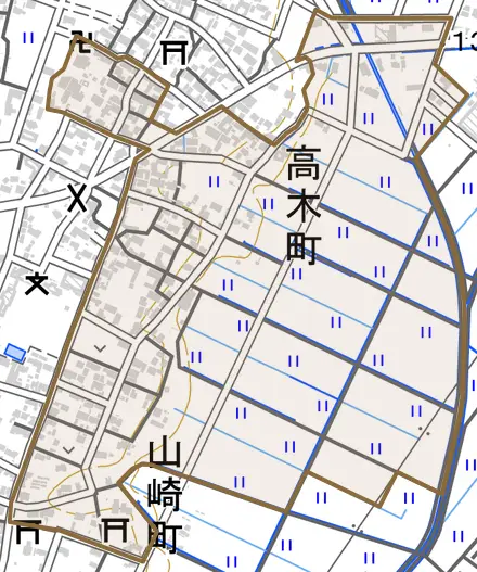 高木町とその周辺の地図。町の範囲を重ねている