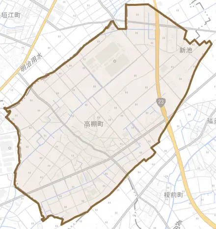 高棚町とその周辺の地図。町の範囲を重ねている