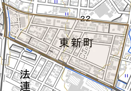 東新町とその周辺の地図。町の範囲を重ねている