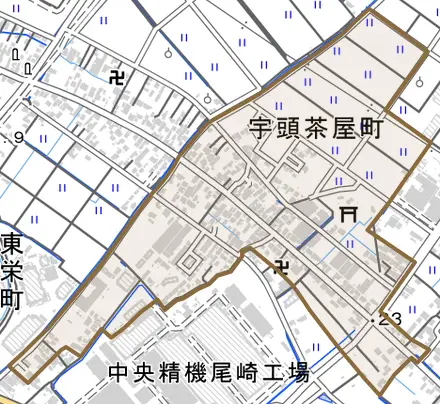 宇頭茶屋町とその周辺の地図。町の範囲を重ねている
