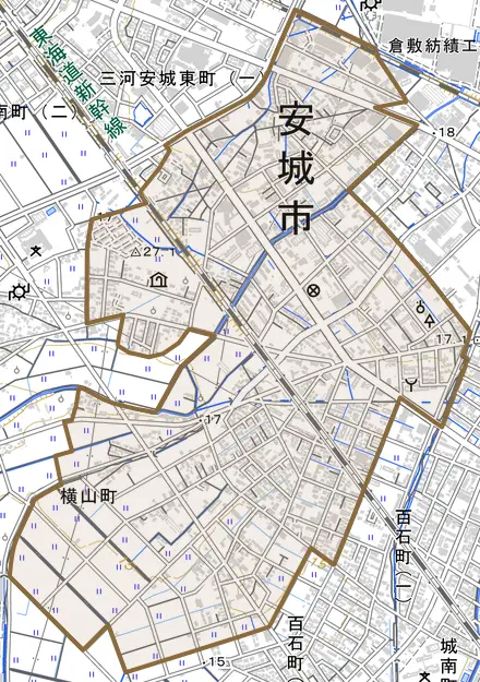 横山町とその周辺の地図。町の範囲を重ねている
