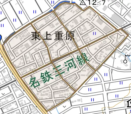 東上重原とその周辺の地図。町の範囲を重ねている