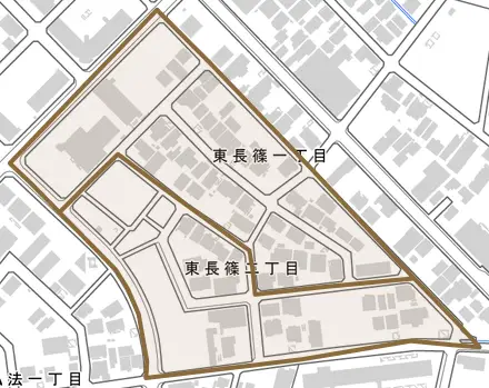 東長篠とその周辺の地図。町の範囲を重ねている