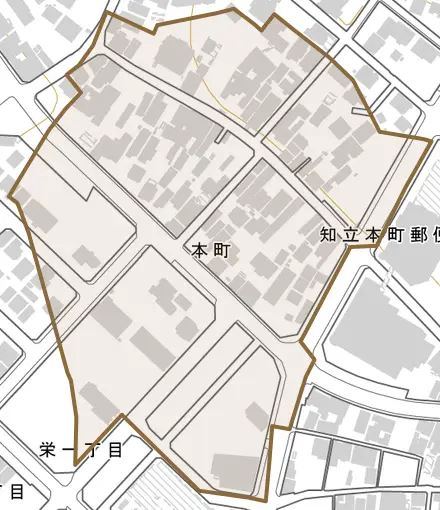本町とその周辺の地図。町の範囲を重ねている