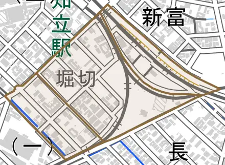 堀切とその周辺の地図。町の範囲を重ねている