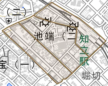 池端とその周辺の地図。町の範囲を重ねている
