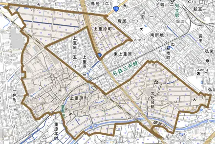 上重原町とその周辺の地図。町の範囲を重ねている