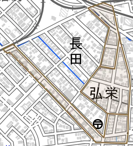 弘栄とその周辺の地図。町の範囲を重ねている