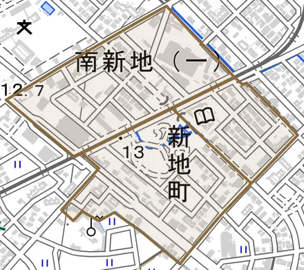 南新地とその周辺の地図。町の範囲を重ねている