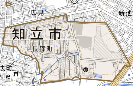 長篠町とその周辺の地図。町の範囲を重ねている