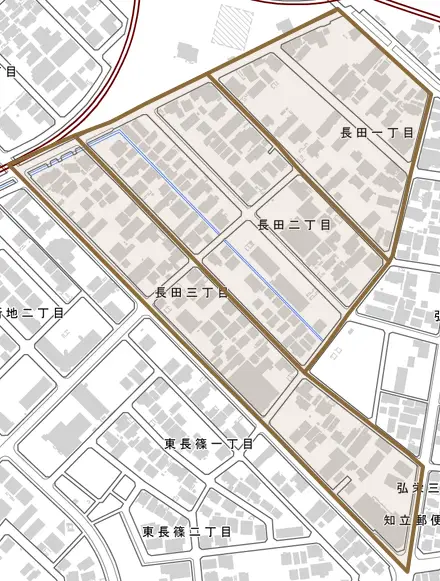 長田とその周辺の地図。町の範囲を重ねている